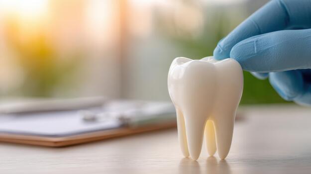 A person holding a tooth model on a table photo