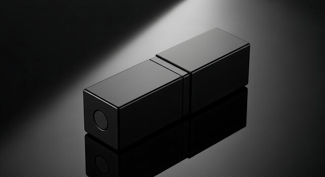 Sleek black rectangular object with glossy reflections on dark surface, dramatically lit. photo