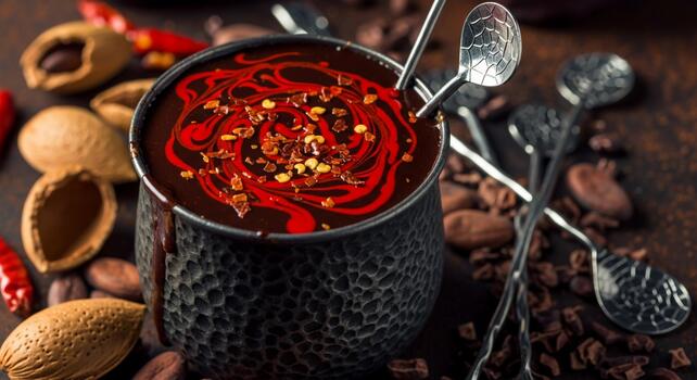 Rich dark chocolate chili sauce drizzled with spices in a textured container surrounded by nuts and cocoa beans photo