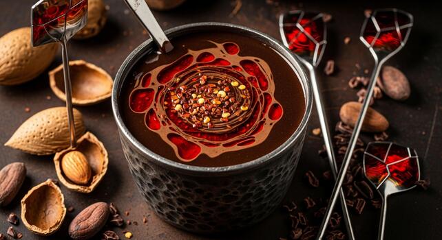 Decadent dark chocolate mousse topped with raspberry coulis and hazelnuts surrounded by cocoa beans and shells photo
