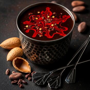 Rich dark chocolate elixir garnished with red swirls and spices in a textured metal cup with cocoa beans and almonds photo