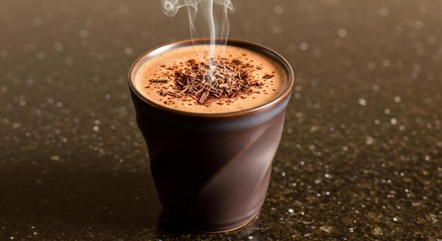 Warm and inviting dark chocolate beverage topped with cocoa nibs and a hint of steam rising photo