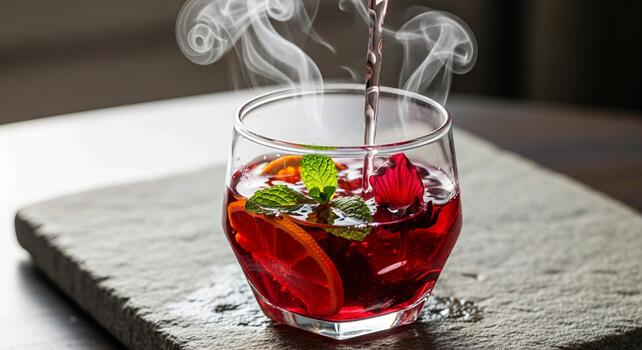 A refreshing red beverage with fruit and mint is poured into a glass creating steam and a cool inviting presentation photo