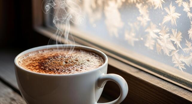 Steaming cup of cinnamon dusted coffee rests on a windowsill with soft blurred light filtering through the window photo