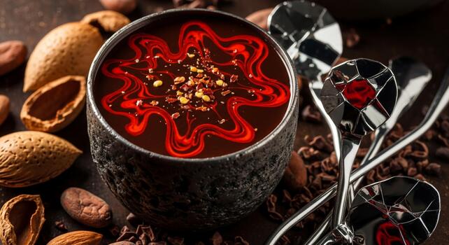 Rich dark chocolate drink topped with red swirl and nuts surrounded by cocoa beans and spoons photo