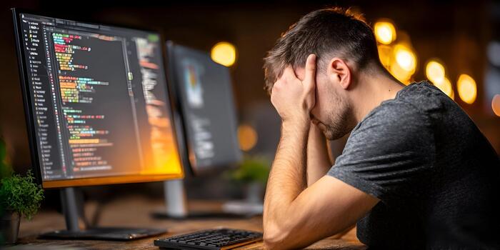 un estresado programador trabajos tarde a noche aferramiento con código en múltiple computadora monitores foto