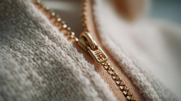 Close-up of a gold zipper on a textured fabric, showcasing intricate details and a modern aesthetic. photo