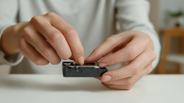 Close-up of a woman's hands delicately repairing a small electronic device at a minimalistic workspace. photo