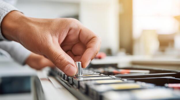 A close-up of a hand adjusting a control knob on a sound mixing board, capturing a focused moment in audio production. photo