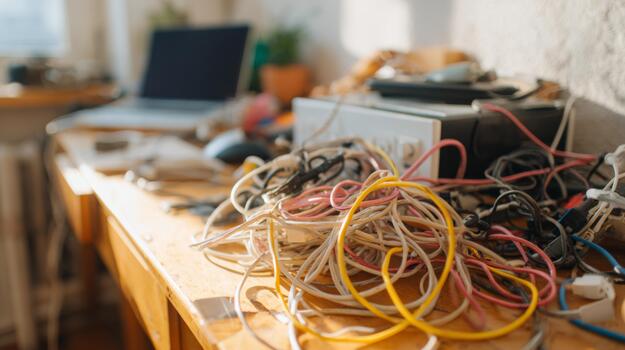 A cluttered workspace featuring tangled cables and wires, creating a chaotic yet creative atmosphere. photo