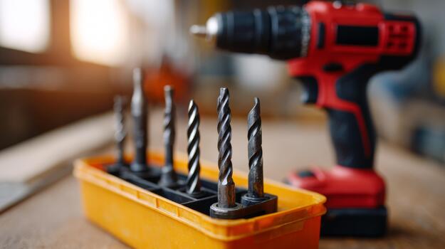 Close-up of a cordless drill and metal drill bits in a yellow container, showcasing a workspace filled with tools. photo