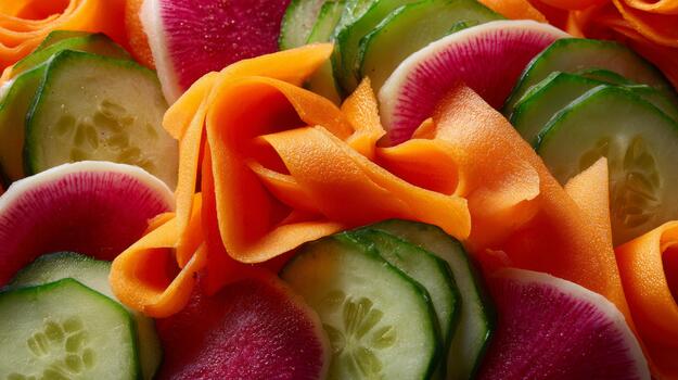 A vibrant arrangement of fresh vegetables, featuring slices of cucumber and delicately curled carrot ribbons. photo