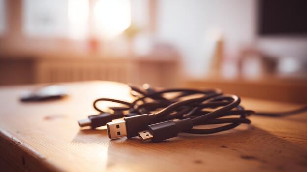 A close-up of tangled USB charging cables on a wooden desk, capturing a warm and natural light setting. photo