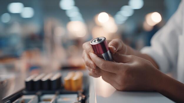 A close-up view of a person examining a battery in an industrial setting, showcasing attention to detail and quality control. photo