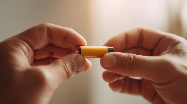 A close-up of a person holding a yellow battery, showcasing attention to detail and focus on energy solutions. photo