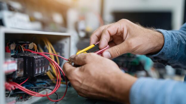 A technician's hands working with electronic components, using multimeter probes to test connections in a control panel. photo