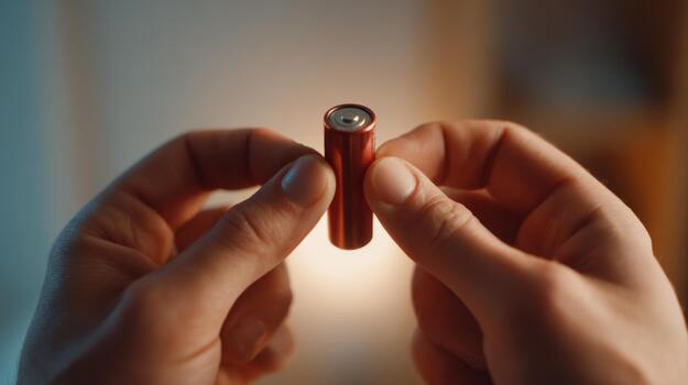 A close-up of male hands holding a red battery against a softly illuminated background, showcasing the intricate details of the battery. photo