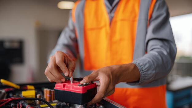 Focused male technician in safety vest working on a battery in a workshop. photo