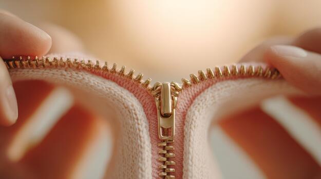 Close-up of hands opening a soft pink zipper, showcasing intricate details of the golden teeth against a blurred warm background. photo