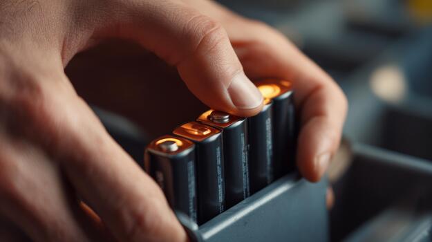 A close-up of a hand inserting batteries into a charger, emphasizing focus and precision. photo
