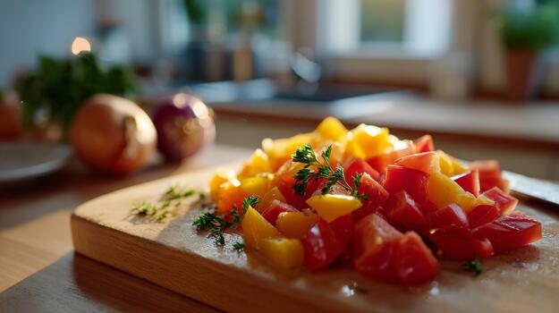 A colorful array of diced yellow and red bell peppers on a wooden cutting board, beautifully arranged with herbs in a kitchen setting. photo