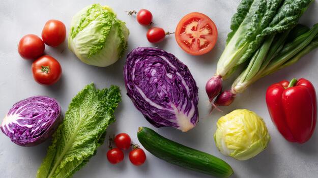 A vibrant arrangement of fresh vegetables, including red and green cabbage, tomatoes, cucumbers, and peppers, showcasing a healthy diet. photo