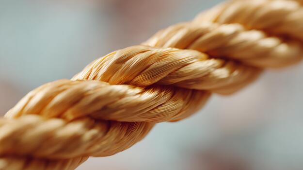 Close-up of a thick golden rope, showcasing its intricate twists and smooth texture against a blurred background. photo