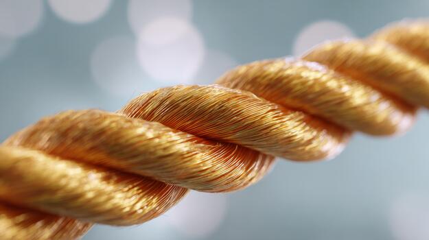 Close-up of a twisted golden rope against a bokeh background, showcasing its intricate details and texture. photo