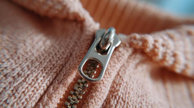 Close-up of a silver zipper on a soft peach-colored sweater, showcasing intricate details and textures. photo