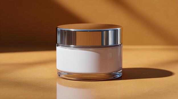 Elegant transparent cream jar with a silver lid, showcasing a smooth, white cream inside against a warm orange background. photo
