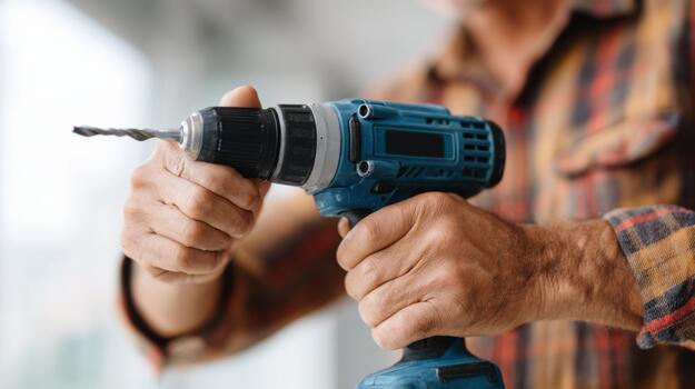 A man's hands, focused on adjusting a drill bit for a power drill, showcasing craftsmanship and attention to detail. photo