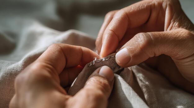 A close-up of a pair of skilled hands stitching a seam on soft, beige fabric, emphasizing the artistry of sewing. photo