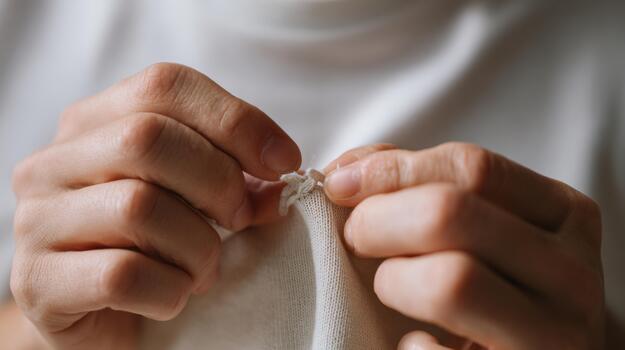Close-up of a person's hands carefully mending a fabric with a needle and thread. photo