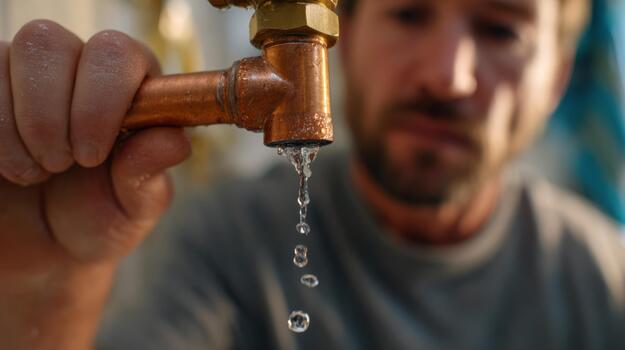 Close-up of a man inspecting a leaking copper pipe, conveying focus and concern. photo