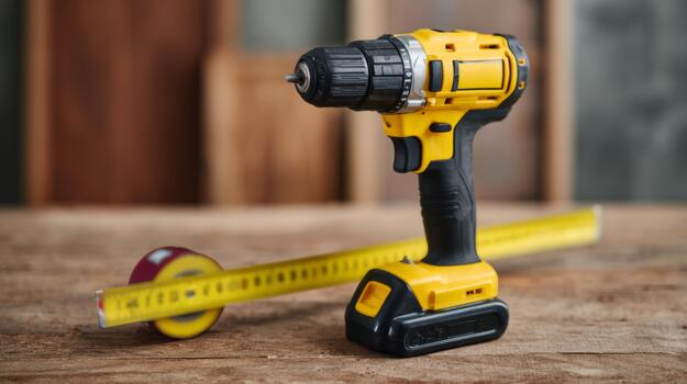 A close-up of a yellow cordless drill on a wooden surface, with a measuring tape rolled out beside it. photo