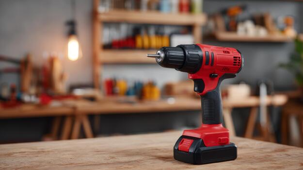 A close-up shot of a red cordless drill on a wooden workbench in a cozy workshop. photo