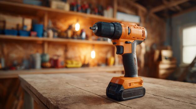 A close-up of an orange cordless drill on a wooden workbench, surrounded by a cozy workshop atmosphere. photo