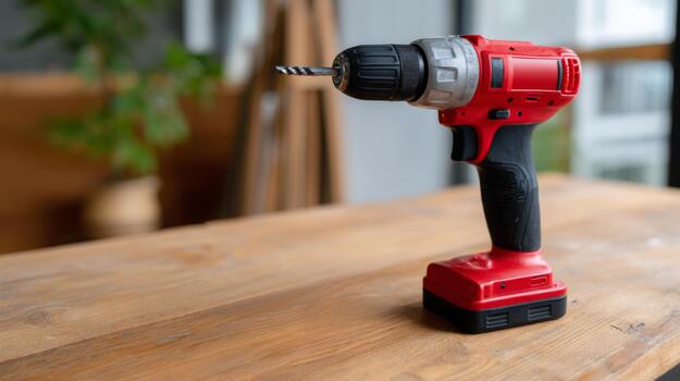 A red cordless drill with a black grip, positioned on a wooden table, showcasing its sleek design and essential drilling tool features. photo