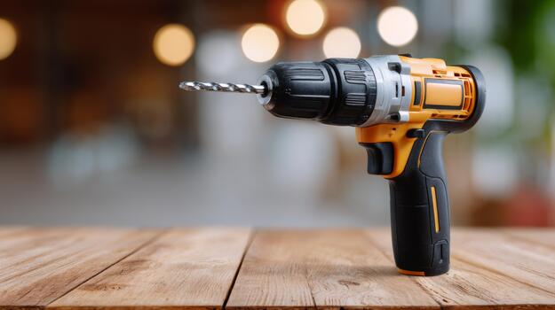 A close-up of an electric drill with a drill bit, set against a blurred background of warm bokeh lights. photo