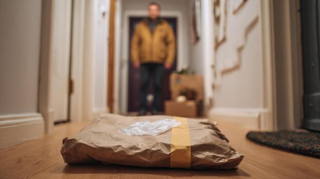 A man in a brown jacket stands in a hallway, staring at a delivered package on the floor near various items. photo