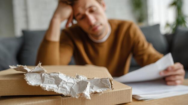A frustrated Caucasian man in a brown sweater sits at a table, surrounded by unopened packages, reflecting on his delivery issues. photo