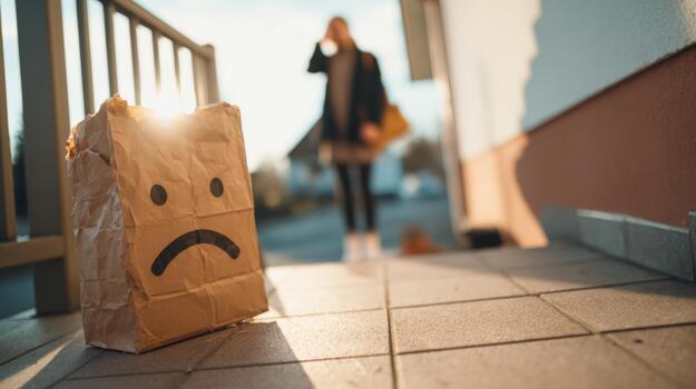 A sad paper bag with a frown sits on the ground, backlit by sunlight, while a woman looks on in the background, reflecting disappointment. photo