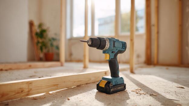 A close-up of a cordless drill in a partially constructed room, showcasing its modern design and functionality in a home improvement setting. photo