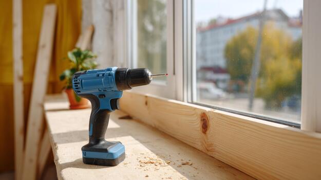 A blue cordless drill resting on a wooden surface, with a construction site visible through a window in the background. photo