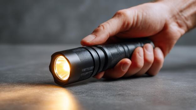 A close-up of a hand holding a black flashlight, casting a warm light on a textured surface. photo