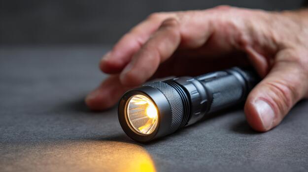 A close-up of a hand reaching for a sleek flashlight on a dark surface, highlighting its warm beam of light. photo