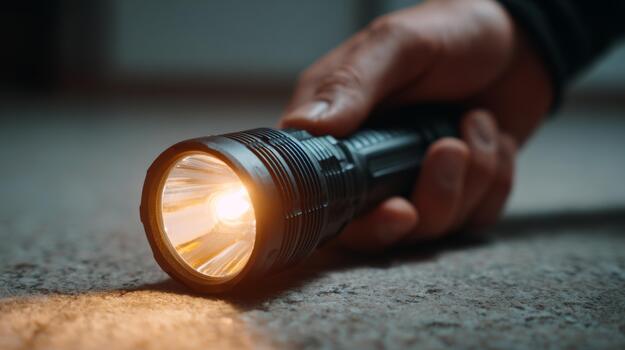 A close-up of a hand holding a powerful flashlight, illuminating a dark room with a warm glow. photo