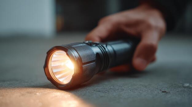 A close-up of a hand holding a flashlight, illuminating a dark surface with a warm glow. photo
