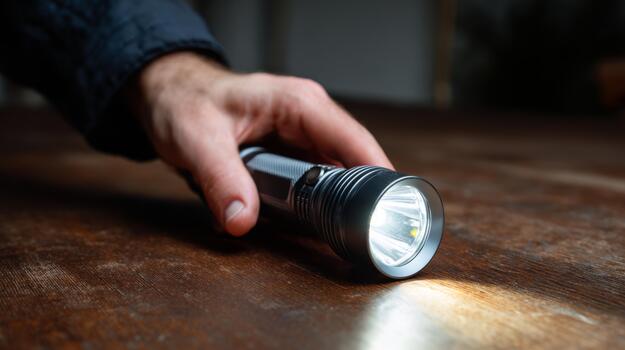 A close-up of a male's hand holding a flashlight, illuminating a wooden surface in a dimly lit setting. photo