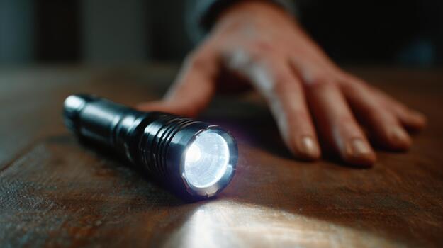 A close-up of a handheld flashlight glowing brightly on a wooden surface, with a hand reaching towards it, creating a dramatic mood. photo